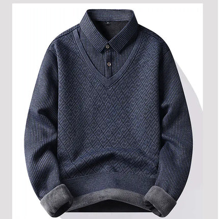 Winter Warm Thick Pullovers Men Polo Neck Fake Two Pieces Sweaters Fashion Casual Striped Fleece Lined Jumper Knitting Sweaters