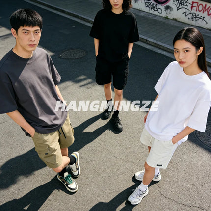 Summer Oversize T-shirts 230GSM Cotton Couple T-Shirt Streetwear Short Sleeves Tee Shirt Solid Color Men Casual Loose Basic Tops