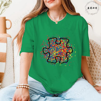 2026 Trendy Women's Autism Awareness T-shirts Creative Colorful Splatter Puzzle Graphic Female Clothing Short Sleeve Casual Tees