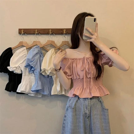 French Style Bubble Sleeve Shirt Women's Short Sweet Sensation Waist Cinched One Shoulder Top Polyester Blend Regular Sleeve