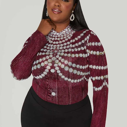 Tops Plus Size Woman Autumn Cute Long Sleeve Top Beads Printed Round Neck High Waist Shirts and Blouses Wholesale Dropshipping