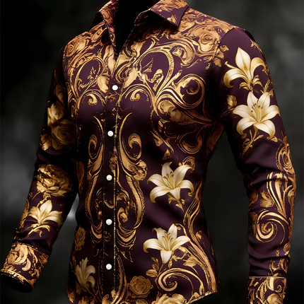 New Men's 3D Floral Printed Long Sleeved Shirt with High-Quality Patterns, Casual Long Sleeved Collar Top