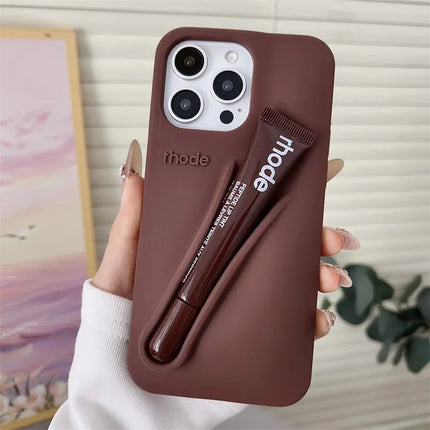 For iPhone 17 Pro Max Air 15 14 13 12 11 17 ProMax Plus Phone Case Gray Toast Ribbon Espresso Holder Silicone Lipstick Cover