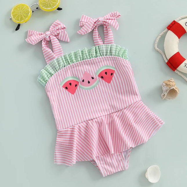 0-3Years Toddler Baby Girl Swimsuit Cute Watermelon Print Swimwear Kids Sleeveless Tied Shoulder Bathing Suit Baby Beachwear