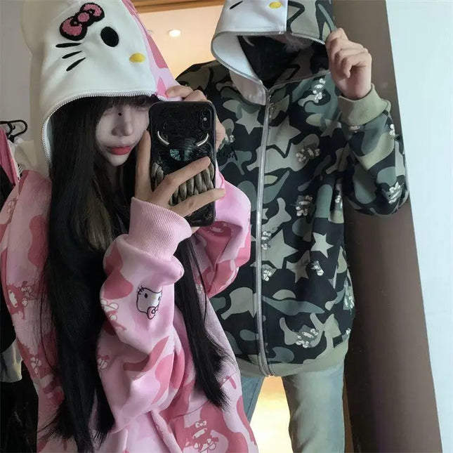Anime Sanrioed Hello Kittys Zipper Hooded Sweater Girls Cartoon Y2K Couple Cardigan Anime Camouflage Jacket Coat Christmas Gift