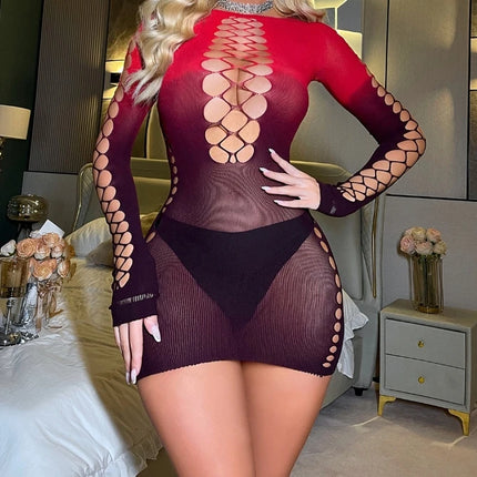 Gradient Red Sexy Women Lingerie  Fish Net Crotchless Jumpsuit Pajamas Long Sleeved Backless Erotic Underwear Costumes