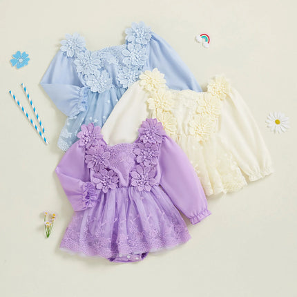 0-24M Infant Baby Girls Princess Romper Dress Cute Autumn 3D Lace Flowers Mesh Patchwork Long Sleeve A-Line Dress for Toddler