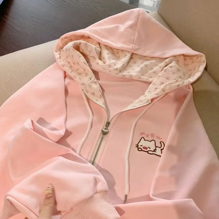 Harajuku Korean  Kawaii Hooded Coat Women Thin Long Sleeve Zipper Cardigan Y2K Streetwear New Mid-length Loose Jackets