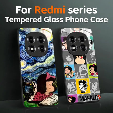 Cute girl Mafalda Comic Design  Phone Case Tempered Glass Case For Redmi Note11 12 13 14Pro Plus S 5G 14C A3