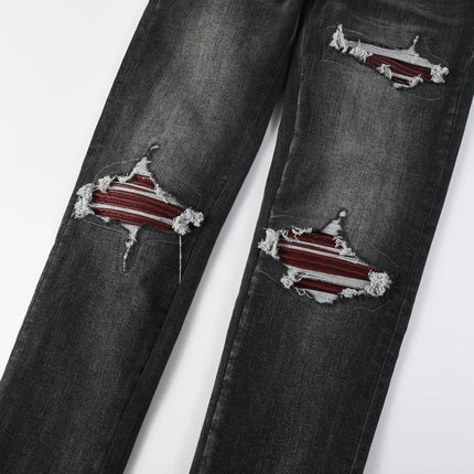 Men's Fashionable Black/Gray Jeans with Pleats Nostalgic Perforations Red Patches Washed Water High Street Style