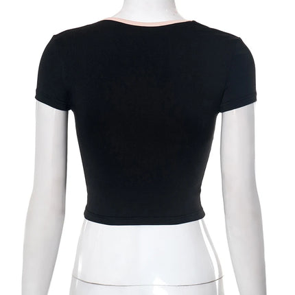 Y2K Summer Crop Top Bow Baby Tees Women's Clothes Chic Cute Low Cut Short Sleeve T-Shirts Black