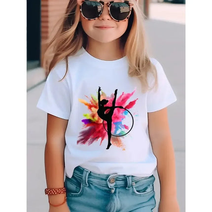 Summer Dancing Girl Pattern Print Children's Short Sleeved Shirt Kids Fashion Cotton T-shirt Girls Comfortable Leisure Tee Tops
