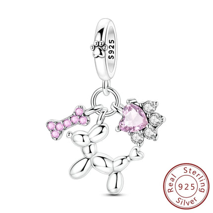 Original 925 Sterling Silver Charm Bead Balloon Poodle Cute Puppy Heart Charm Fit Bracelet Bangle Pendant Women DIY Jewelry Gift
