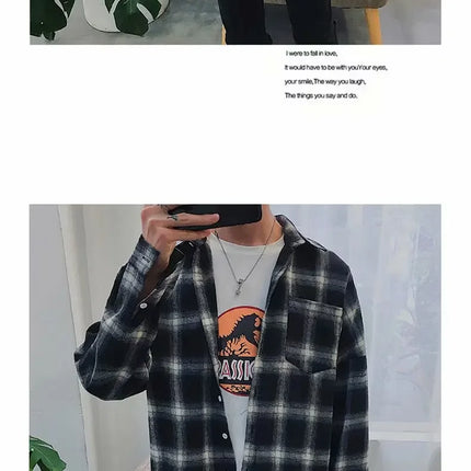 Casual Plaid Long Sleeve Men's Shirt Autumn Korean Style Loose Fashionable Outerwear Couple's Casual Shirt Comfortable Fit