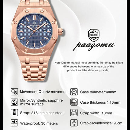 PAAZOMU Luxury Watches For Men Stainless Steel Waterproof Luminous Man Watch Date Week Fashion Casual Men's Quartz Watch Reloj