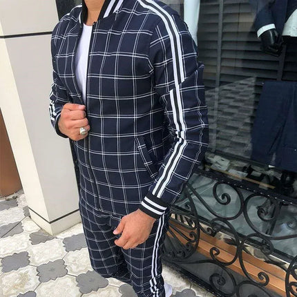 2025 Men Tracksuit 2pc Set Gym Hiking Plaid Zipper Hoodie Cargo Pants Autumn Athleisure Outfit Fleece Jogger Sportswear