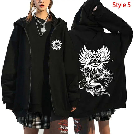 Fashion Unisex Autumn Winter Coat Supernatural Print Zipper Hoodie Casual Long Sleeve Tops Women Men Harajuku Zipper Sweatshirt