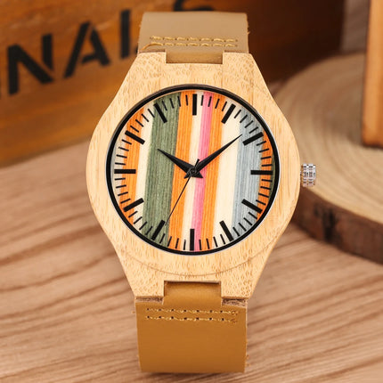 Fresh Stripes 12-Hours Display Wood Watch Mens Quartz Watches Brown Genuine Leather Watch Strap Hot Fashion Wooden Clock 2019