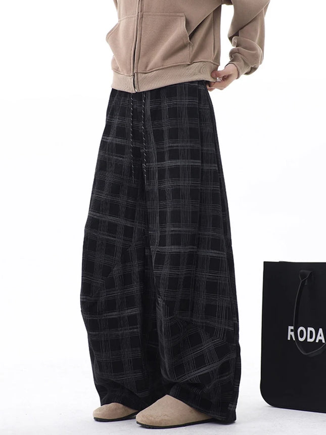Spring Casual Plaid Striped Straight-leg Pants For Man High Street Fashion Corduroy Drawstring Trousers Y2K Retro Sweatpants