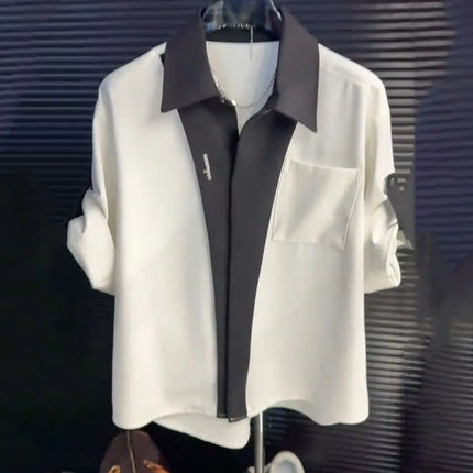 Men's Summer Black White Patchwork Shirt Turn Down Collar Long Sleeve Casual Loose Button Down Blouse With Chest Pocket