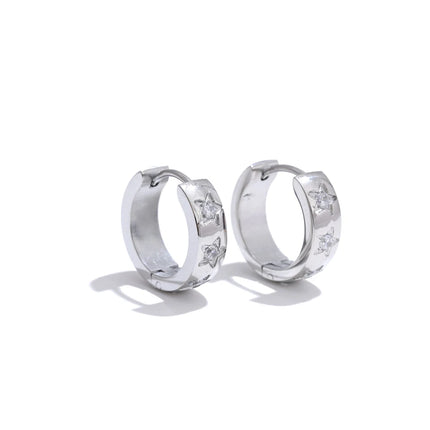 Yhpup Size:16*16mm Zirconia Star Round Daily Hoop Earrings for Women Prevent Allergy Stainless Steel High Quality Chic Jewelry