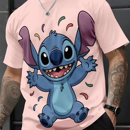 Lovely Smiling Stitch Confetti Design Pink T-Shirt Anime Cartoon Fans Tee