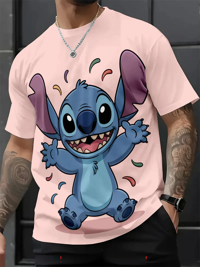 Lovely Smiling Stitch Confetti Design Pink T-Shirt Anime Cartoon Fans Tee