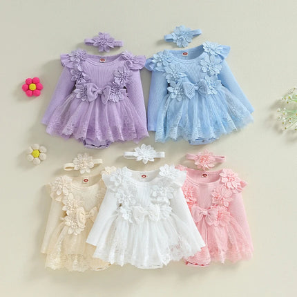Pudcoco Infant 2-Piece Baby Girls Set 3D Flower Bow Long Sleeve Mesh Dress Romper Headband Adorable Ribbed Outfits 0-18M