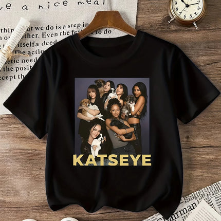 KATSEYE Printed Design T-Shirt Casual Short Sleeve Crew Neck Suitable for Children Men and Women Cotton Top