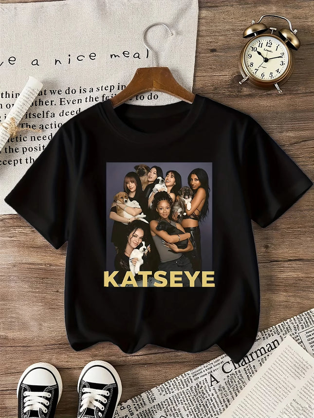 KATSEYE Printed Design T-Shirt Casual Short Sleeve Crew Neck Suitable for Children Men and Women Cotton Top