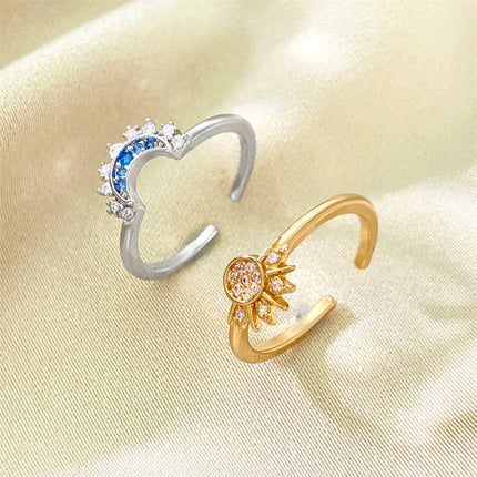 FTCY Adjustable Sparkling Moon Sun Star Ring for Women Couple Elegant Finger Ring Wedding Party Jewelry Gifts Accessories