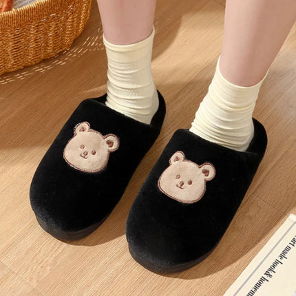 Cute Bear Cotton Slippers for Women Winter Indoor Non-slip Slides Plush Warm Men Home Sandals Flat Shoe Couples Flip Flops