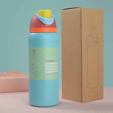 New 32oz24oz double-layer fruit cup large capacity direct drinking straw thermos bottle portable outdoor sports bottle