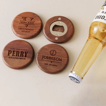 Personalised Logo Round Wooden Beer Bottle Opener with Magnetic Fridge Magnet, Wedding Gift