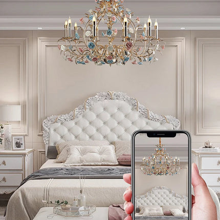 European Floral Design Chandelier Modern Rose Decorative Chandelier Lighting Nordic Living Room Ceramic Flower Chandelier