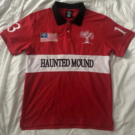 Haunted Mound Embroidered Red Polo Shirt Y2K Tshirt HipHop Retro Pumpkin Head Letter Embroidered Oversized Short Sleeve Top New