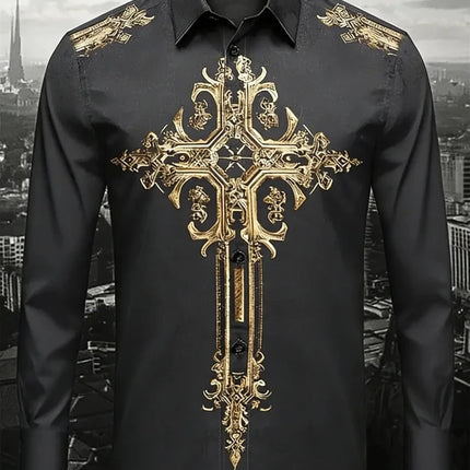 New men's gold printed shirt, soft fabric, comfortable, luxurious, high-quality, long sleeved button up party dress shirt