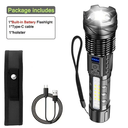 Powerful LED Flashlight Type C Rechargeable Waterproof Torch with Side Light 7 Modes Zoomable Lamp for Camping Fishing Lantern