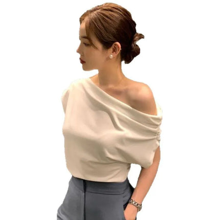Korean Chic Summer French Asymmetrical Shoulder Design Loose Solid Color Overhead Short Sleeve T-Shirt Women's Trendy Style