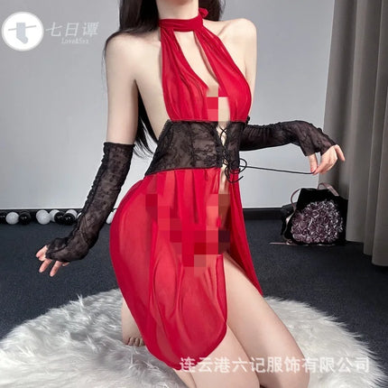 Southeast Asia Hot Sale Elegant Lady Style Stretchable Mesh Deep V Front Opening Lace-up Waist Cincher Sexy Dress