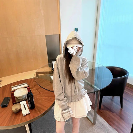 Wooden Edge Collar Long Sleeve Hoodie Jacket Women Fashion Anti-aging Zipper Top Comfortable Casual Style Polyester Fabric