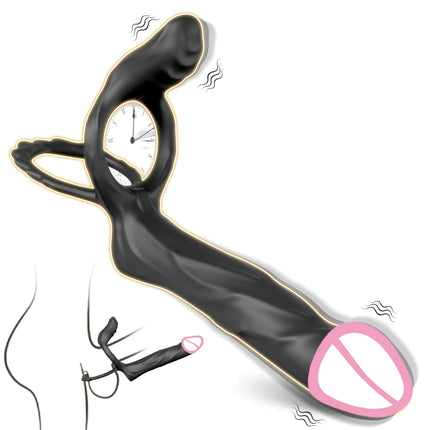Double Penetration Vibrator for Men with Vibrating Cock Ring Strap on Penis Vagina Massage G Spot Dildo Sex Toys for Couples 18+