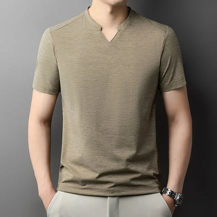 Korean Men's Casual and Fashionable Small V-neck Solid Color Short Sleeved T-shirt Comfortable Summer Versatile Top