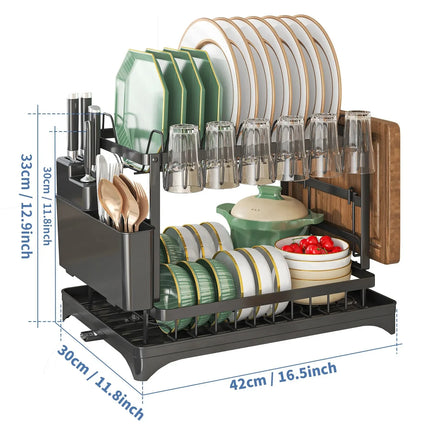 2 Tier Dish Drying Rack Kitchen Countertop Bowl Drainer Storage Organizer with Chopsticks Knife Fork Cup Holder Drain Shelf