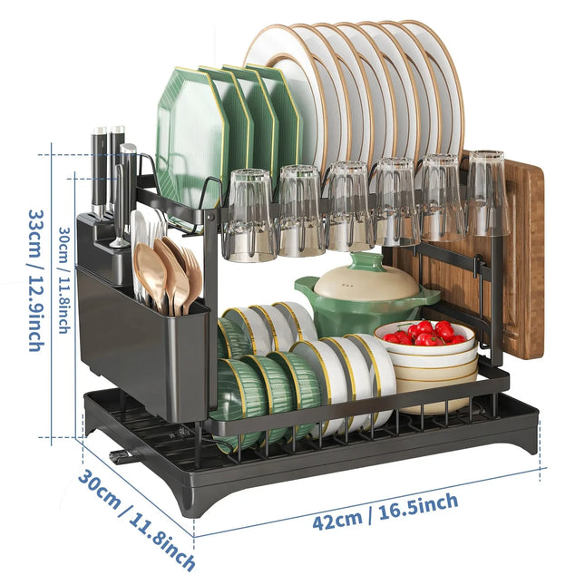2 Tier Dish Drying Rack Kitchen Countertop Bowl Drainer Storage Organizer with Chopsticks Knife Fork Cup Holder Drain Shelf