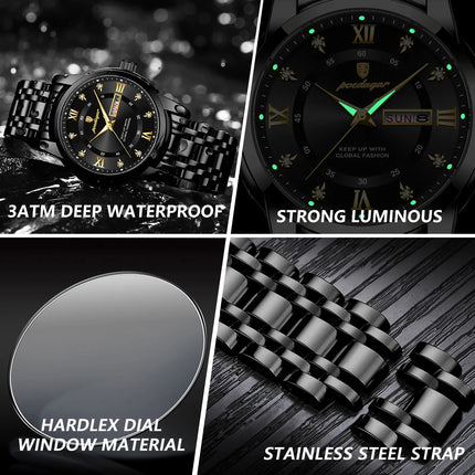 POEDAGAR Sport Casual Men's Wristwatch Waterproof Stainless Steel Luminous Original Men's Watch Date Week Men's Quartz Watches Reloj