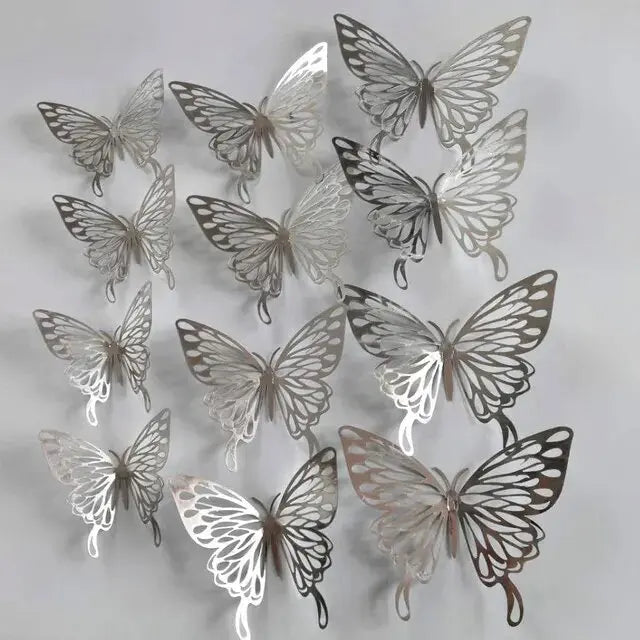 12Pcs/set 3D Hollow Butterflies Stickers Metal  Silver Hollow Butterfly for Party Balloons Home Decor Wall Decor