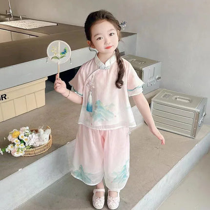 Thin Comfortable Summer Girl Sets Ethnic Style Children Clothing Kids Clothes Dance Wear Performance Costume Chinese Style Hanfu