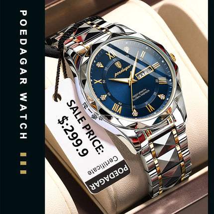 POEDAGAR Luxury Men Wristwatch Waterproof Luminous Date Week Watch For Man Stainless Steel Men's Watches Quartz Male Clock Sport
