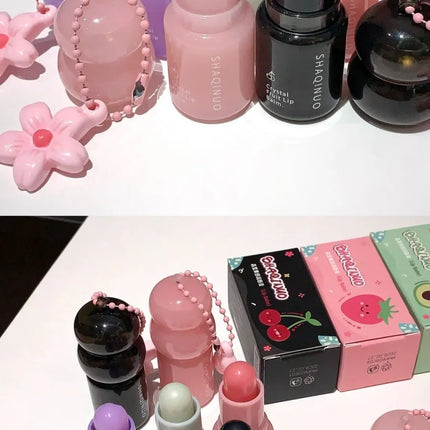 Crystal Strawberry Lip Balm Moisturizing Hydrating Lips Mask Stick Reduce Lip Lines Key Chain for Lip Care Change Color Lipstick
